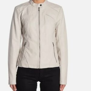 GUESS Women's White Mandarin Collar Faux Leather Moto Jacket